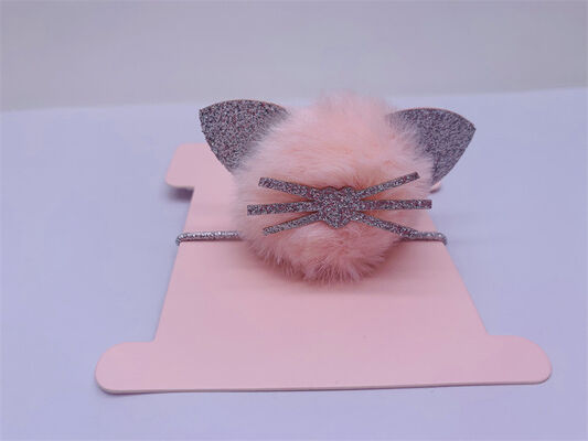Glitter Soft Pom Pom Hair Tie , Cute Cat Shape Pink Small Ponytail Holder