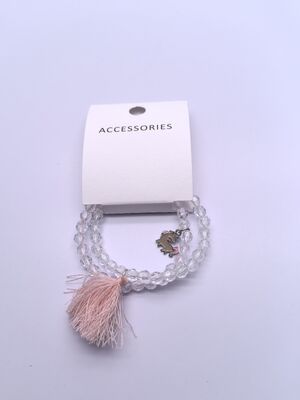 Unisex Transparent Bead Necklace for Kids Various Shapes and Pink Fringe