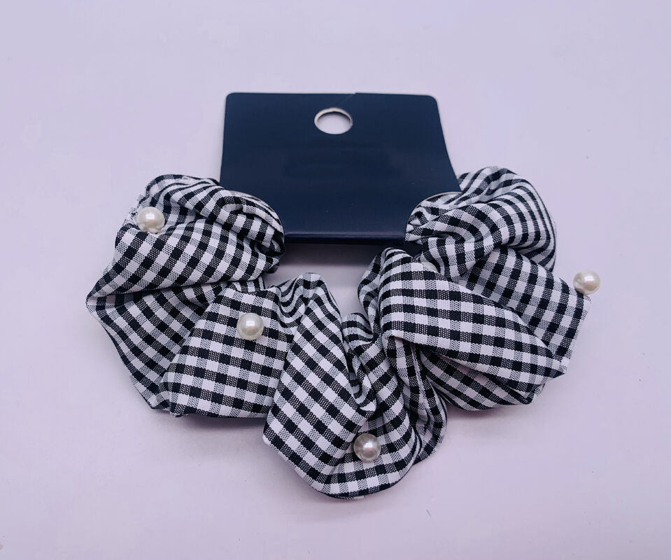 Plaid Rubber Fabric Hair Accessories Scrunchies With White Pearls